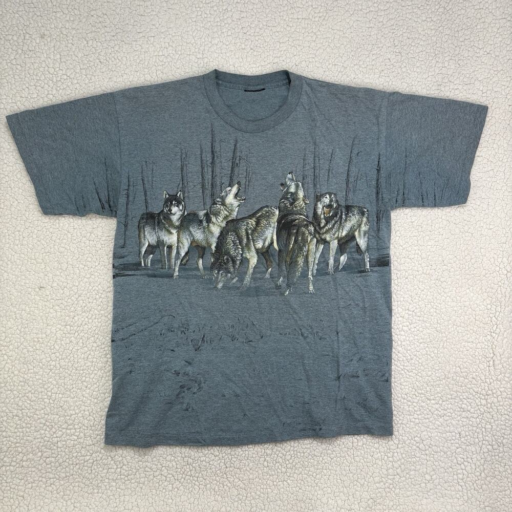 Vintage Habitat 1994 AOP‎ Wolf All Over Print T Shirt Nature Grunge Double Sided